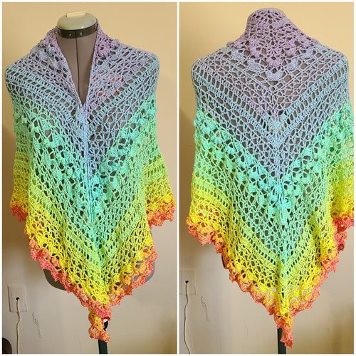 Triangle shawl with pastel rainbow gradient