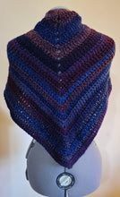 Load image into Gallery viewer, Back view of a triangular shawl with maroon and navy blue stripes.
