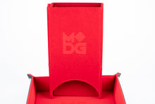 Load image into Gallery viewer, Red square dice tray with an attached tower in the same color.
