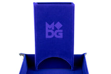 Load image into Gallery viewer, Blue square dice tray with an attached tower in the same color.
