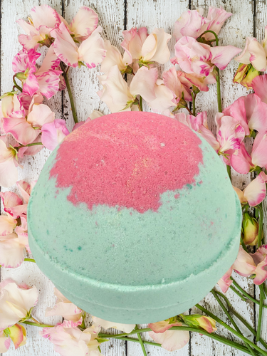 Green and pink bath bomb.