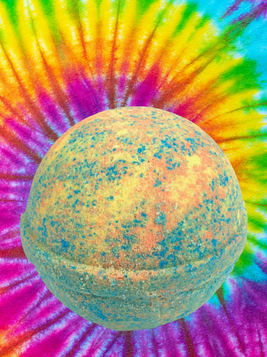 Multicolor bath bomb including the colors: blue, pink and yellow.