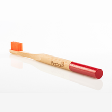 Load image into Gallery viewer, Bamboo toothbrush with orange bristles and a red handle.
