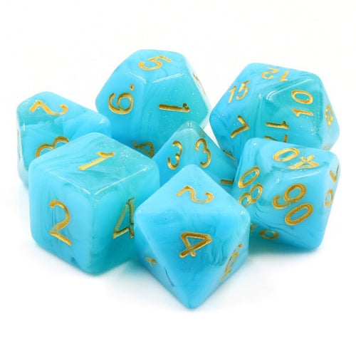 A tabletop dice set in an aquatic blue tone with gold numbers.