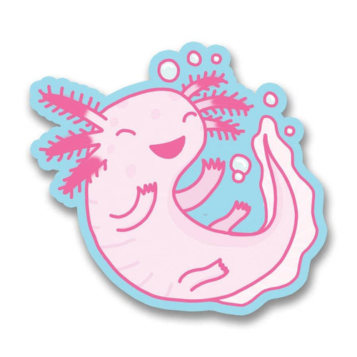 a cartoon styled pink smiling axolotl that appears to be floating in water, there are a few small bubbles as well
