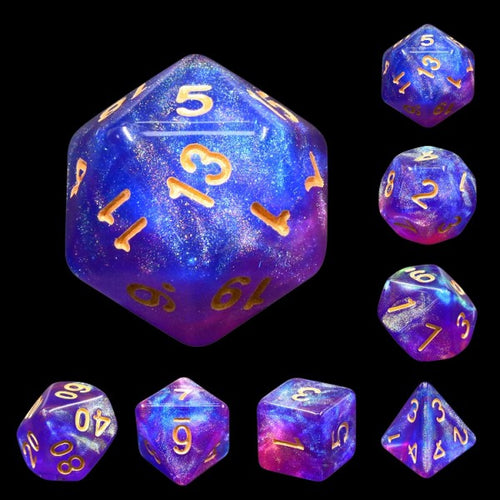 A tabletop dice set in a purple-blue gradient tone with gold numbers.