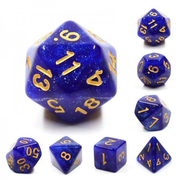 A tabletop dice set in the dark blue of a starry night with gold numbers.