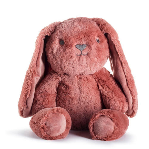 A soft red clay colored bunny, it has black eyes and nose, with long soft ears.