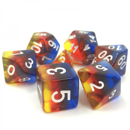 A tabletop dice set in a gradient of yellow, red and blue, with white numbers.
