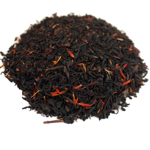 Loose leaf tea including: black teas, organic cacao nibs, flavoring, and safflower petals.