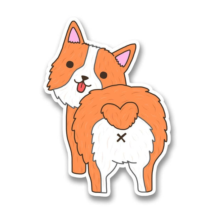 a cartoon styled orange and white corgi looking back to the viewer, its tail is orange and heart shaped