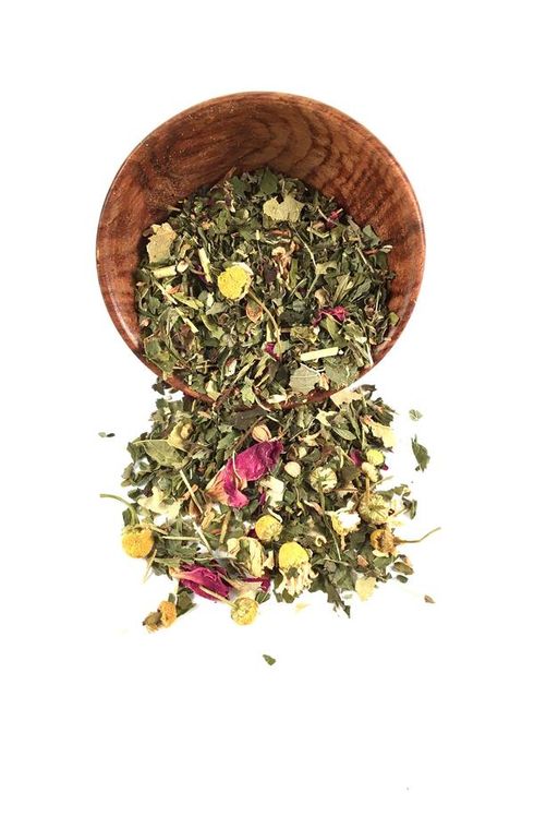 Loose leaf tea containing: Linden, Lemon Balm, Chamomile, Passionflower, Spearmint, Red Rose petals.