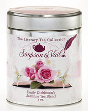 Load image into Gallery viewer, A reusable tin containing loose leaf tea including: Jasmine tea, rose petals, jasmine blossoms, marigold petals and blue cornflower petals. With a picture of three pink roses.
