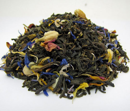 Loose leaf tea including: Jasmine tea, rose petals, jasmine blossoms, marigold petals and blue cornflower petals.