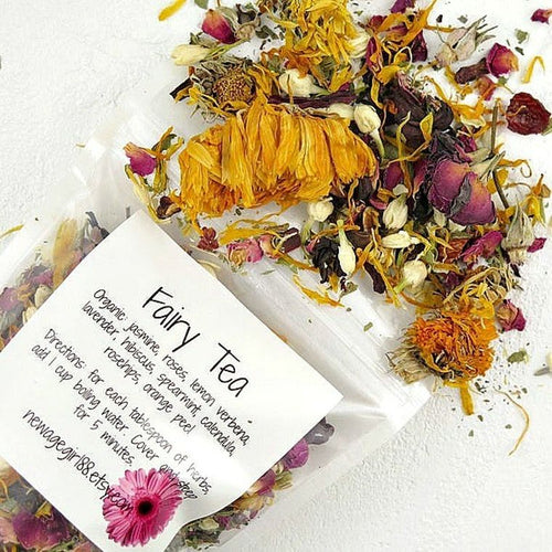 Loose leaf tea including: roses, jasmine, rosehips, lemon verbena, lavender, calendula, orange peel, hibiscus, spearmint.