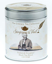 Load image into Gallery viewer, Reusable tin containing holding loose leaf tea including: Black teas from India, Vietnam, Kenya, China and Indonesia. With a picture of Frederick Douglass on it.
