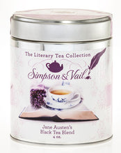 Load image into Gallery viewer, Reusable tin containing loose leaf tea including: Black teas, spearmint, lavender flowers and vanilla flavor. With an image of tea in a white teacup and matching saucer, with lavender decorations.
