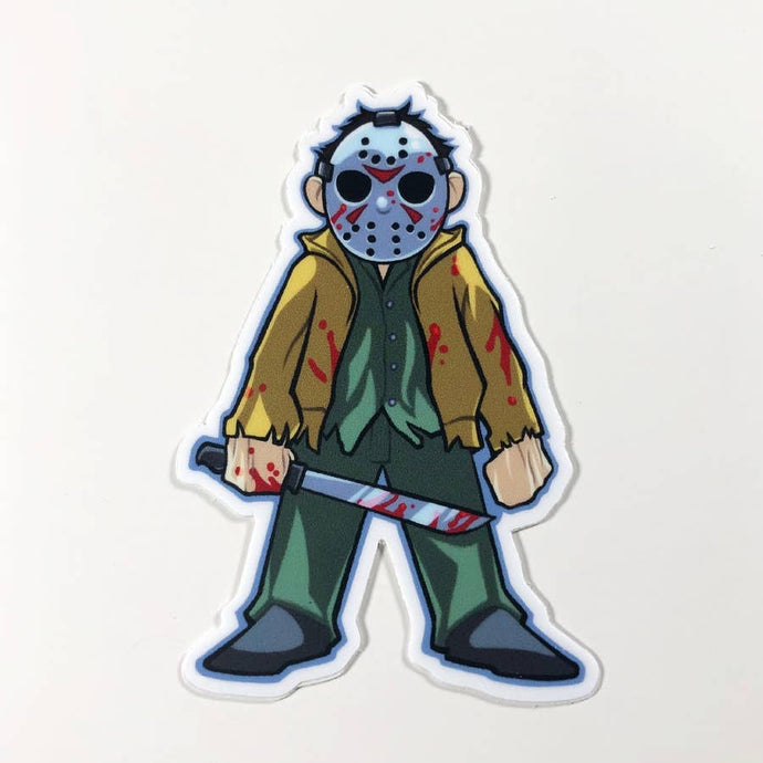 a caricature of a fullbody Jason Voorhees standing imposingly with a blood splattered machete
