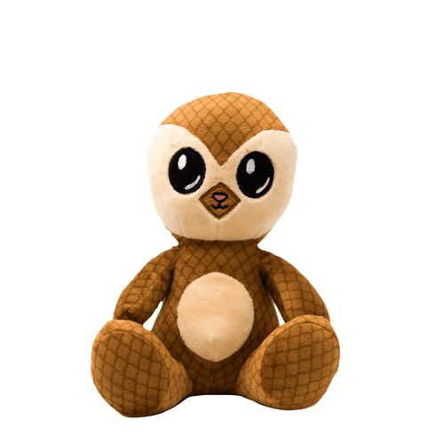A smiling anthropomorphic pangolin sits. It's body is a darker tan, with stitching that mimics scales, and has a soft cream tummy and face. It's eyes are large and black.