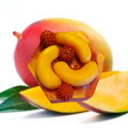 Octagonal orange swirl soap with soap peach slices and soap raspberries on top.