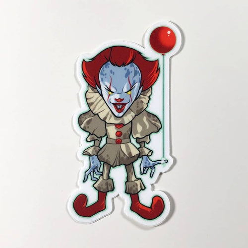 a caricature of a fullbody Pennywise standing menacingly with a red balloon tied to one of their fingers
