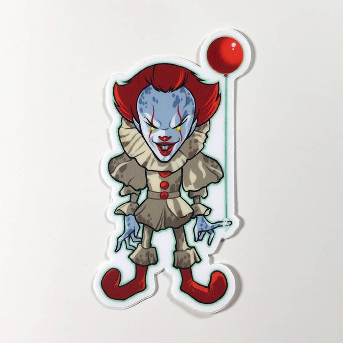 a caricature of a fullbody Pennywise standing menacingly with a red balloon tied to one of their fingers