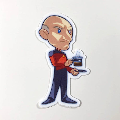 a caricature of Picard from Star Trek, he is frowning and has a cup of coffee in one hand and a saucer in the other