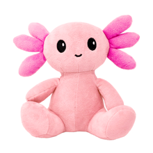Load image into Gallery viewer, A smiling anthropomorphic pink axolotl sits. It&#39;s body is a soft pink, while it&#39;s external frilly gills are a darker pink.
