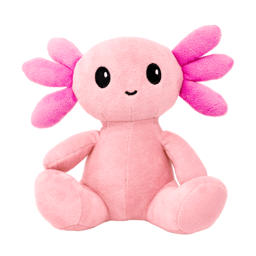 A smiling anthropomorphic pink axolotl sits. It's body is a soft pink, while it's external frilly gills are a darker pink.