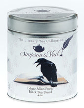 Load image into Gallery viewer, Reusable tin containing loose leaf tea including: Black teas, pu­erh tea, lapsang souchong tea, beetroot and bergamot oil. With the picture of a raven on a book.
