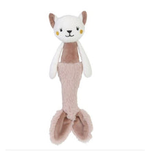 Load image into Gallery viewer, A soft half cat, with a fish tail &quot;Purr Maid&quot;. It has a white head, ears and arms. It&#39;s belly and tail are a combination of dark dusky pink and light dusky pink, as well as it&#39;s inner ears. It has a smiling face with little round yellow cheek spots and long eye lashes.

