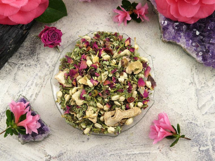 Loose leaf tea including: roses, jasmine, rosehips spearmint, lemon verbena, ginger.