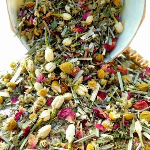 Loose leaf tea including: chamomile, lemongrass, lemon verbena, spearmint, jasmine, roses, orange peel, cinnamon, lavender.