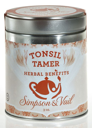 Reusable tin containing loose leaf tea including: Organic licorice root, slippery elm, organic ginger root, organic cinnamon, and orange peel. Slippery elm is not suitable for people who are pregnant. Color-coded burnt orange with a bold font.