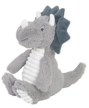 Load image into Gallery viewer, A sitting triceratops, it has a soft grey body, and a dark blue-grey crest. It&#39;s horns, belly and feet bottoms are all a soft white.
