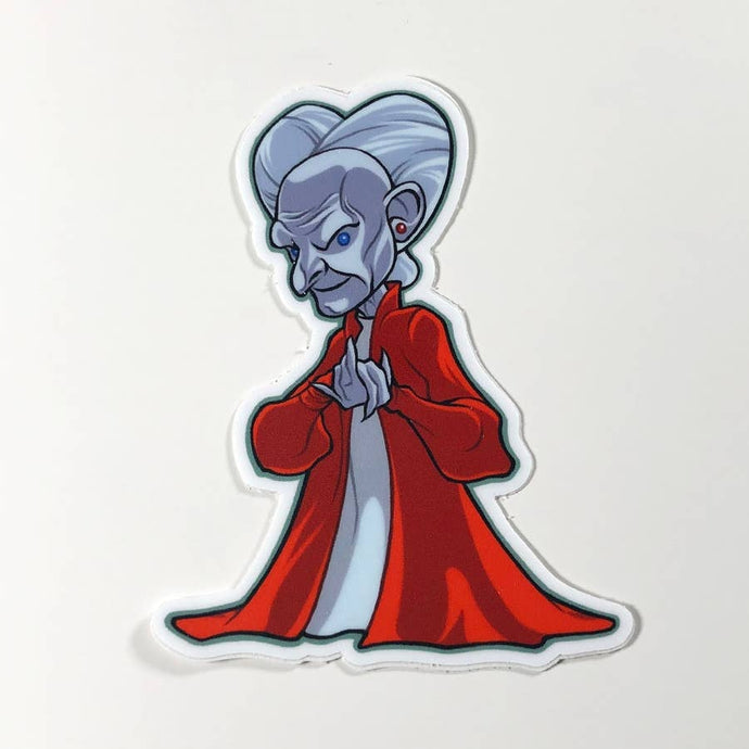 a caricature of a fullbody Vlad Dracula from Bram Stoker's Dracula movie. He is wearing a floor length red coat and has his hands clasped together in a scheming gesture